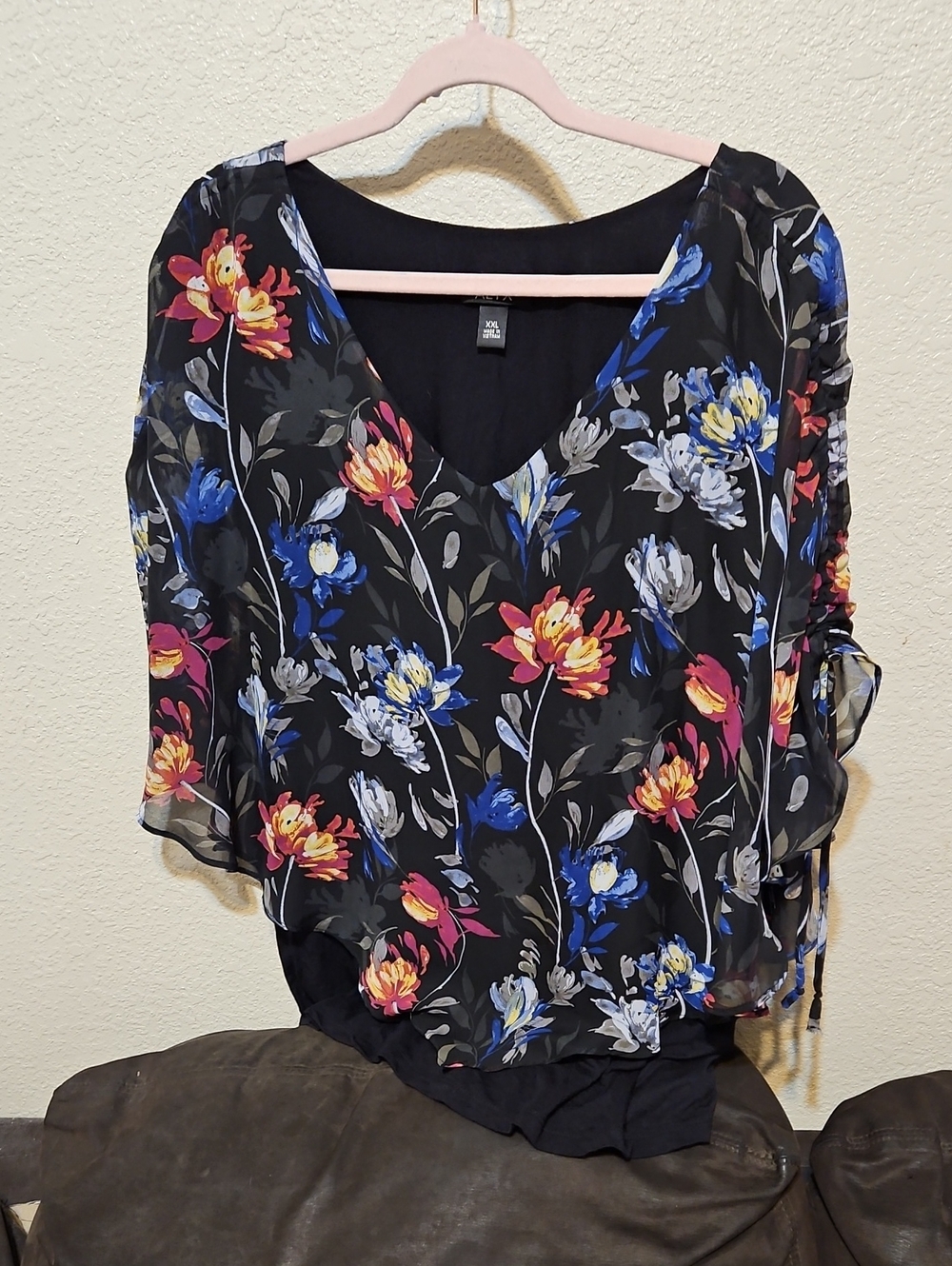 Alyx Black Floral V-Neck Blouse with Blue, Yellow & Pink Blooms